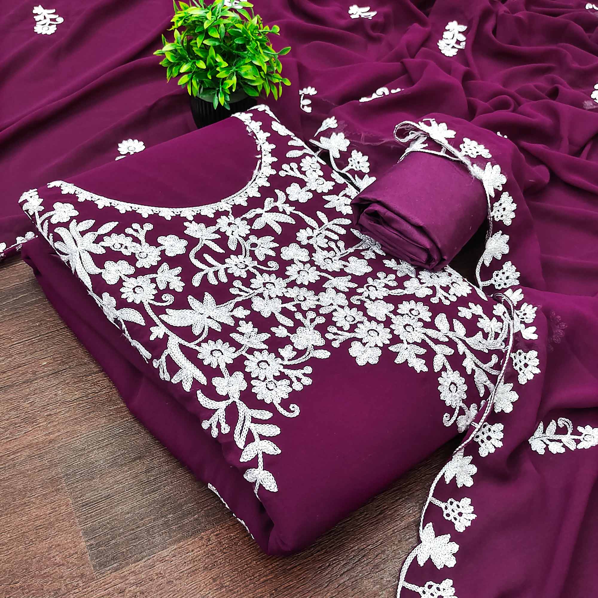 Designer Plum Purple Floral Embroidered Georgette Material for Stylish Dresses and Outfits