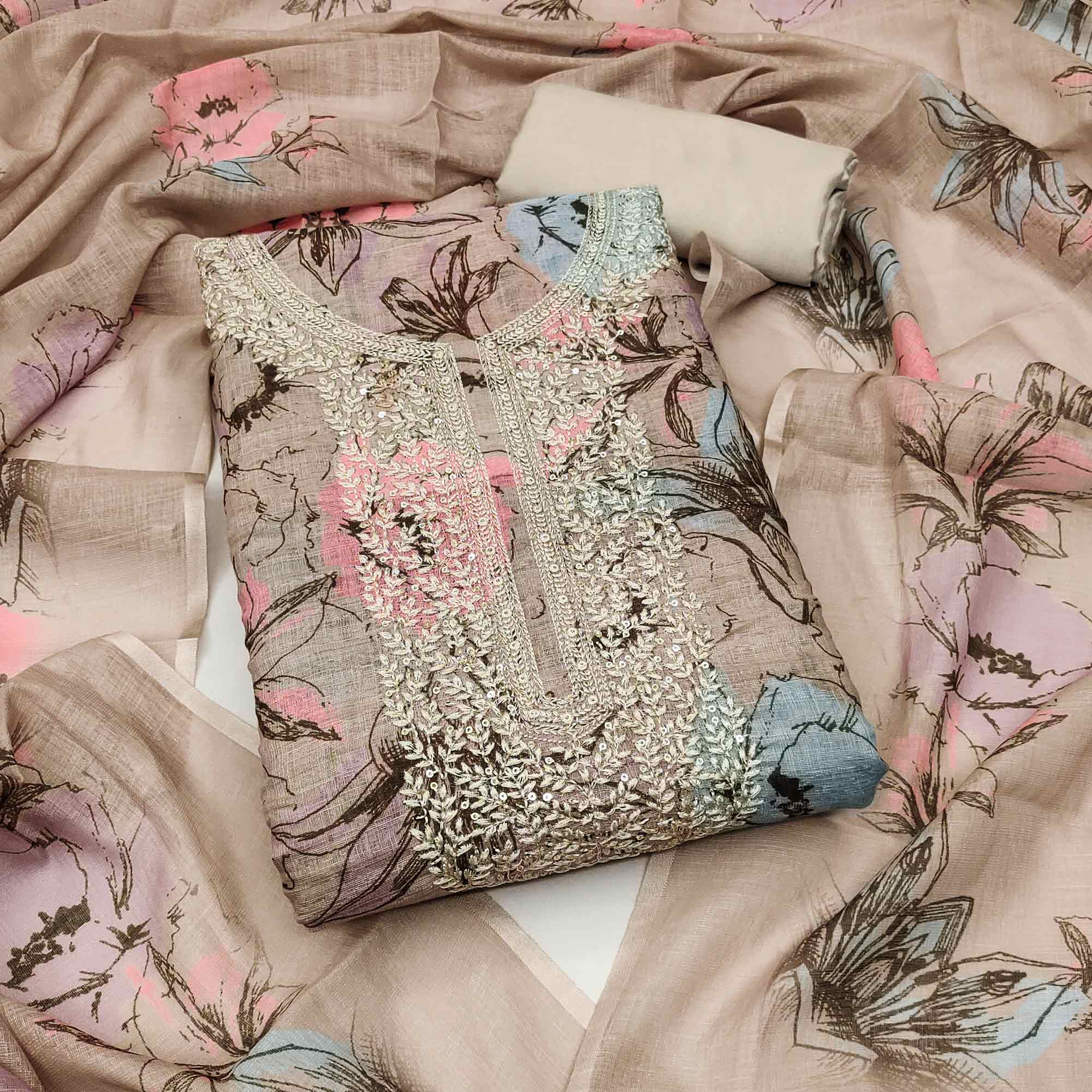 Brown Floral Digital Printed Cotton Blend Dress Material With Sparkling Sequins Embroidery