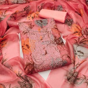 Pink Floral Digital Printed Cotton Blend Dress Material With Sparkling Sequins Embroidery
