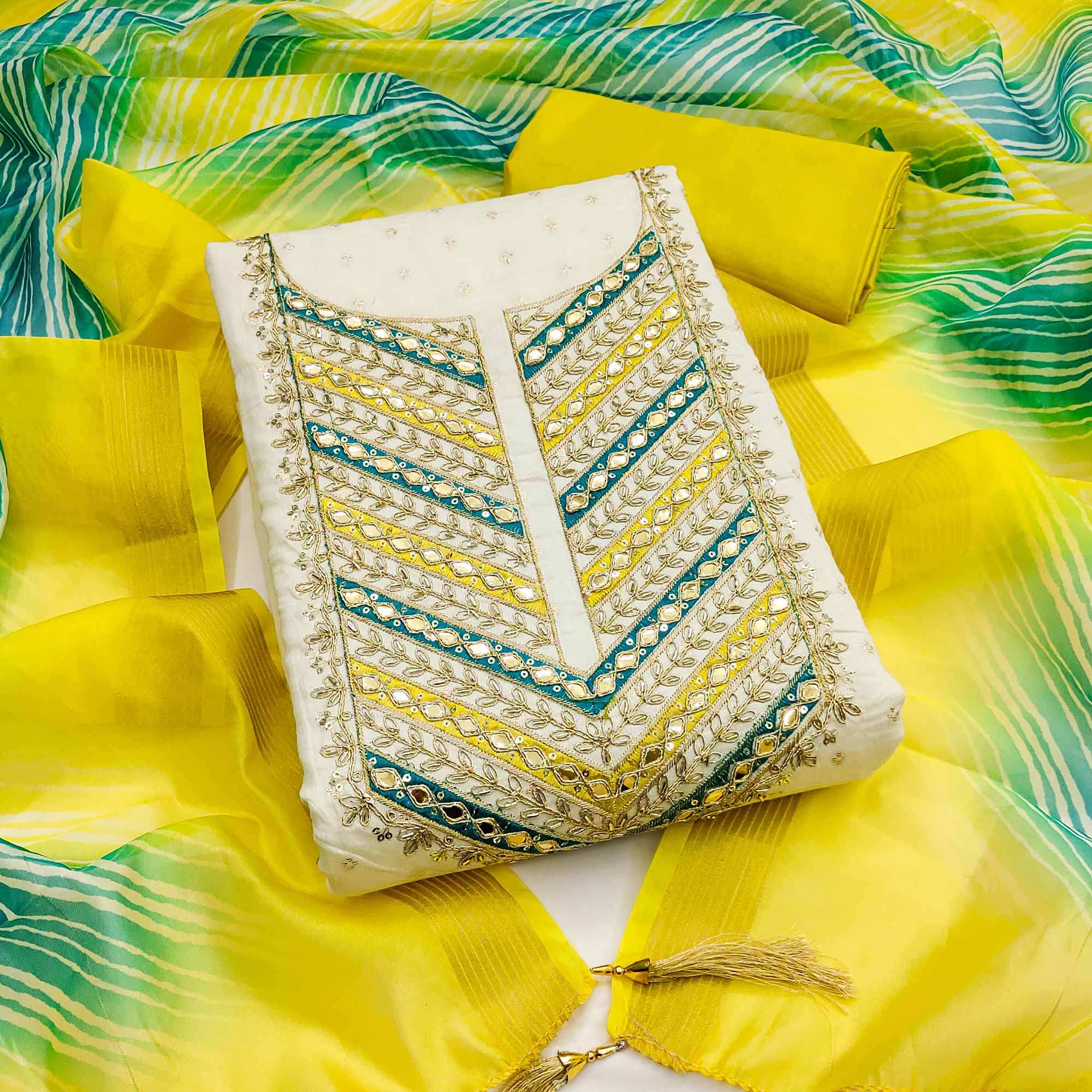 Offwhite & Lemon Green Butti Weaving Chanderi Silk Dress Material Enhanced With Cording Embroidery