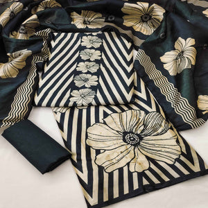 Black Floral Digital Printed Assam Art Silk Dress Material Adorned With Beads & Sequins Work