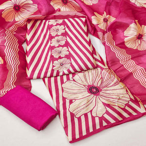 Pink Floral Digital Printed Assam Art Silk Dress Material Adorned With Beads & Sequins Work