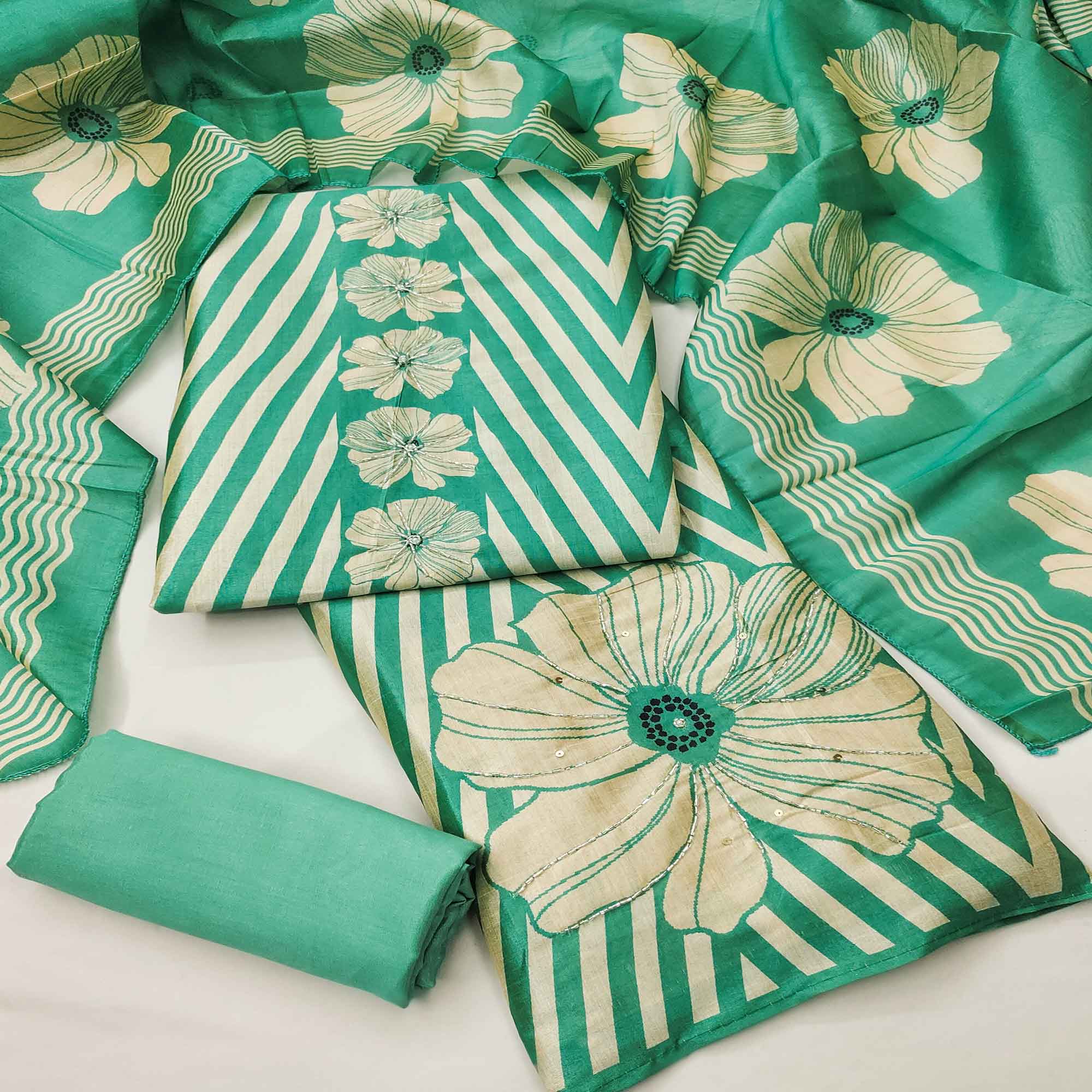 Rama Green Floral Digital Printed Assam Art Silk Dress Material Adorned With Beads & Sequins Work