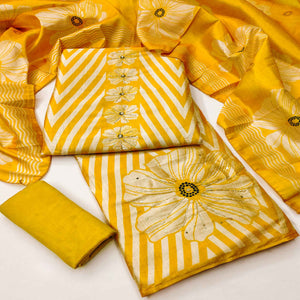 Yellow Floral Digital Printed Assam Art Silk Dress Material Adorned With Beads & Sequins Work