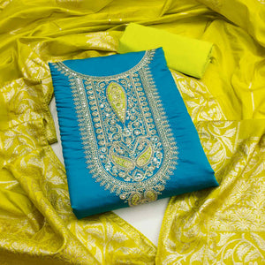 Graceful Blue Silk Blend Dress Material Featuring Floral Cording Embroidery With Sequins Detailing