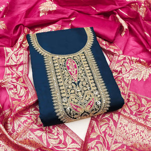 Stylish Blue Floral Cording Embroidered Silk Blend Dress Material Accented With Sequins Work