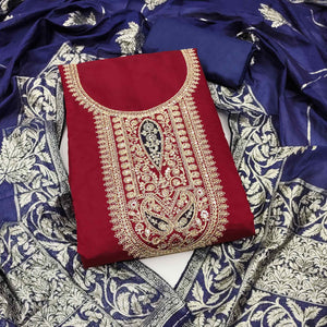 Stylish Maroon Floral Cording Embroidered Silk Blend Dress Material Accented With Sequins Work