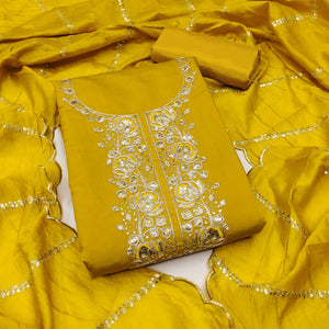Classic Mustard Floral Cording Embroidered Silk Blend Dress Material With Glittering Sequins Work