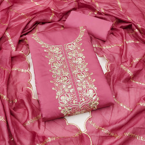 Classic Pink Floral Cording Embroidered Silk Blend Dress Material With Glittering Sequins Work