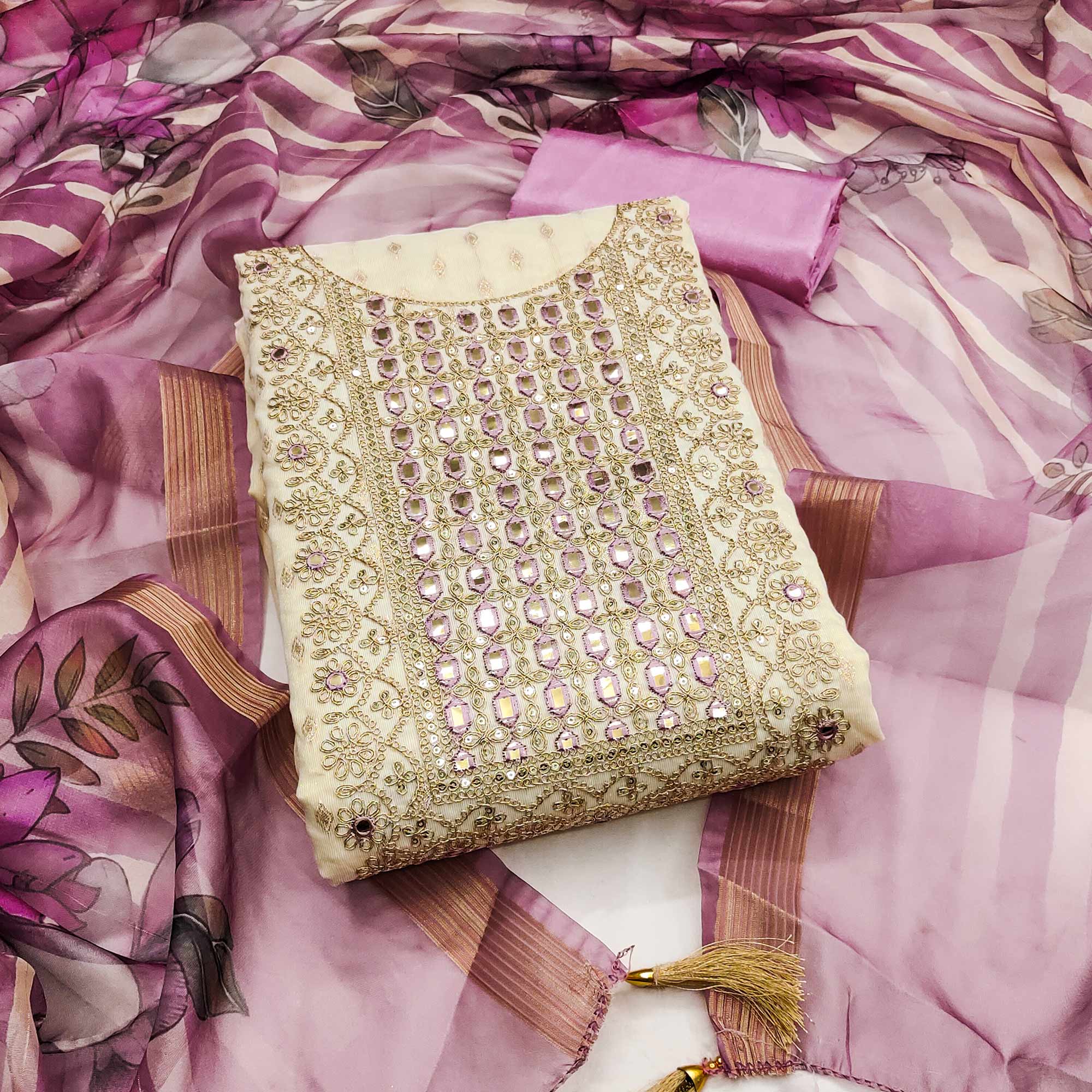 Cream & Lavender Shimmer Dress Material Featuring Butti Weaving With Sequins Cording Embroidery