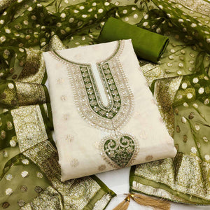 Graceful Cream & Mehendi Butti Weaving Shimmer Dress Material Adorned With Cording Embroidery Work