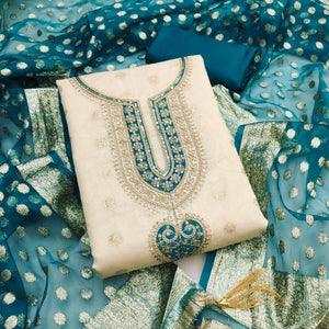 Graceful Cream & Morpich Butti Weaving Shimmer Dress Material Adorned With Cording Embroidery Work