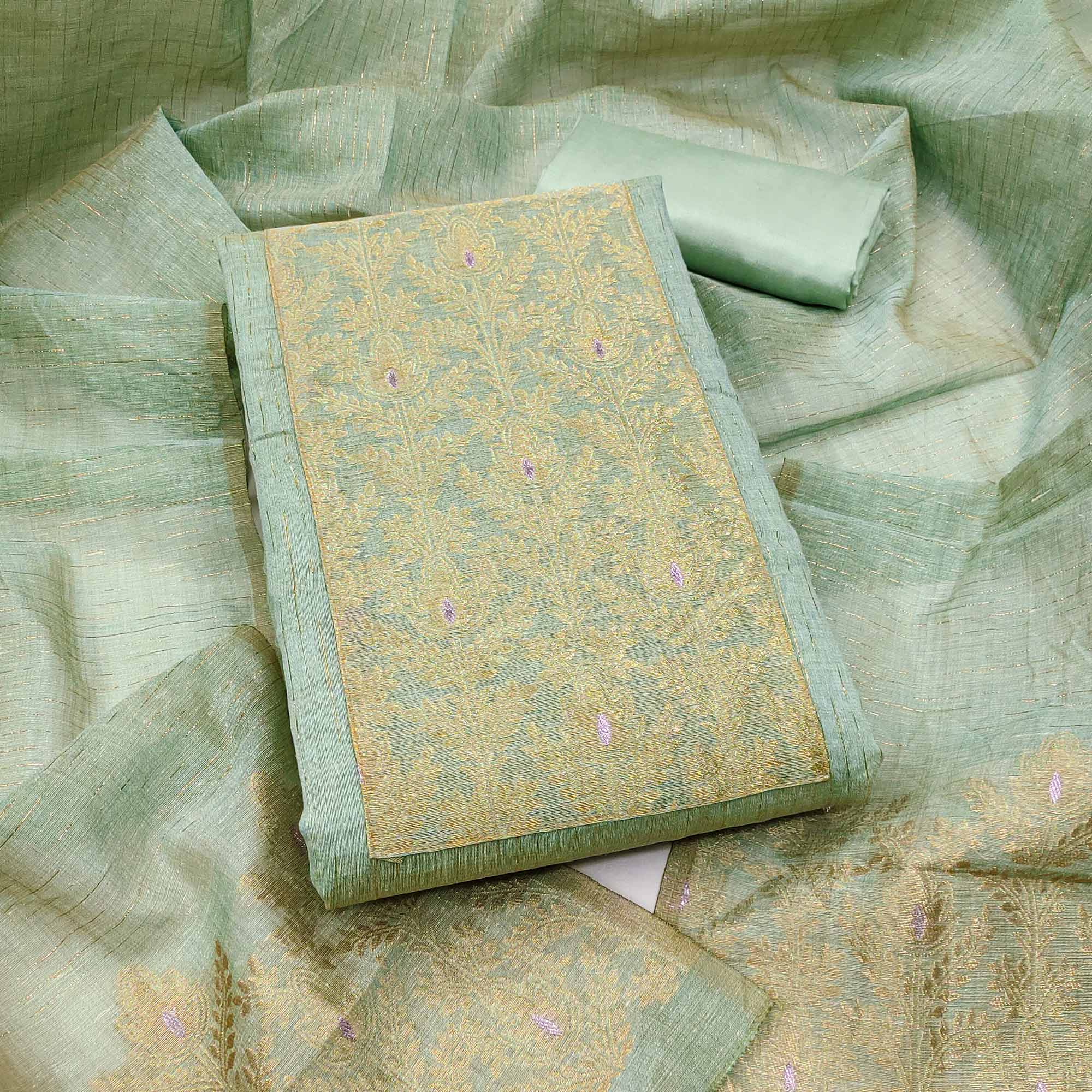 Premium Sea Green Floral Weaving Crafted Cotton Silk Jacquard Dress Material