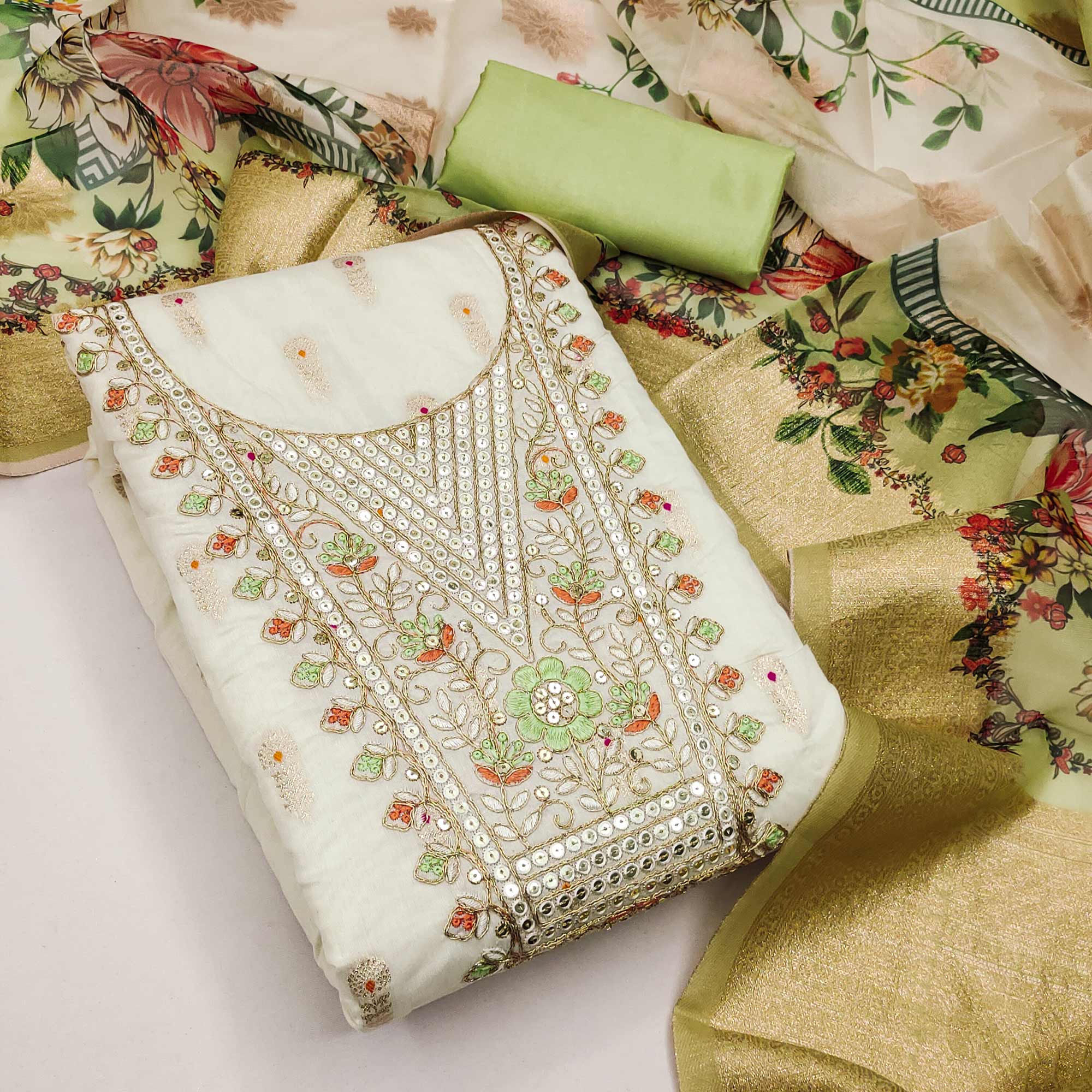 Offwhite & Green Floral Woven With Sequins Cording Embroidery Meenakari Jacquard Dress Material