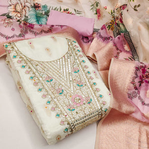 Offwhite & Pink Floral Woven With Sequins Cording Embroidery Meenakari Jacquard Dress Material