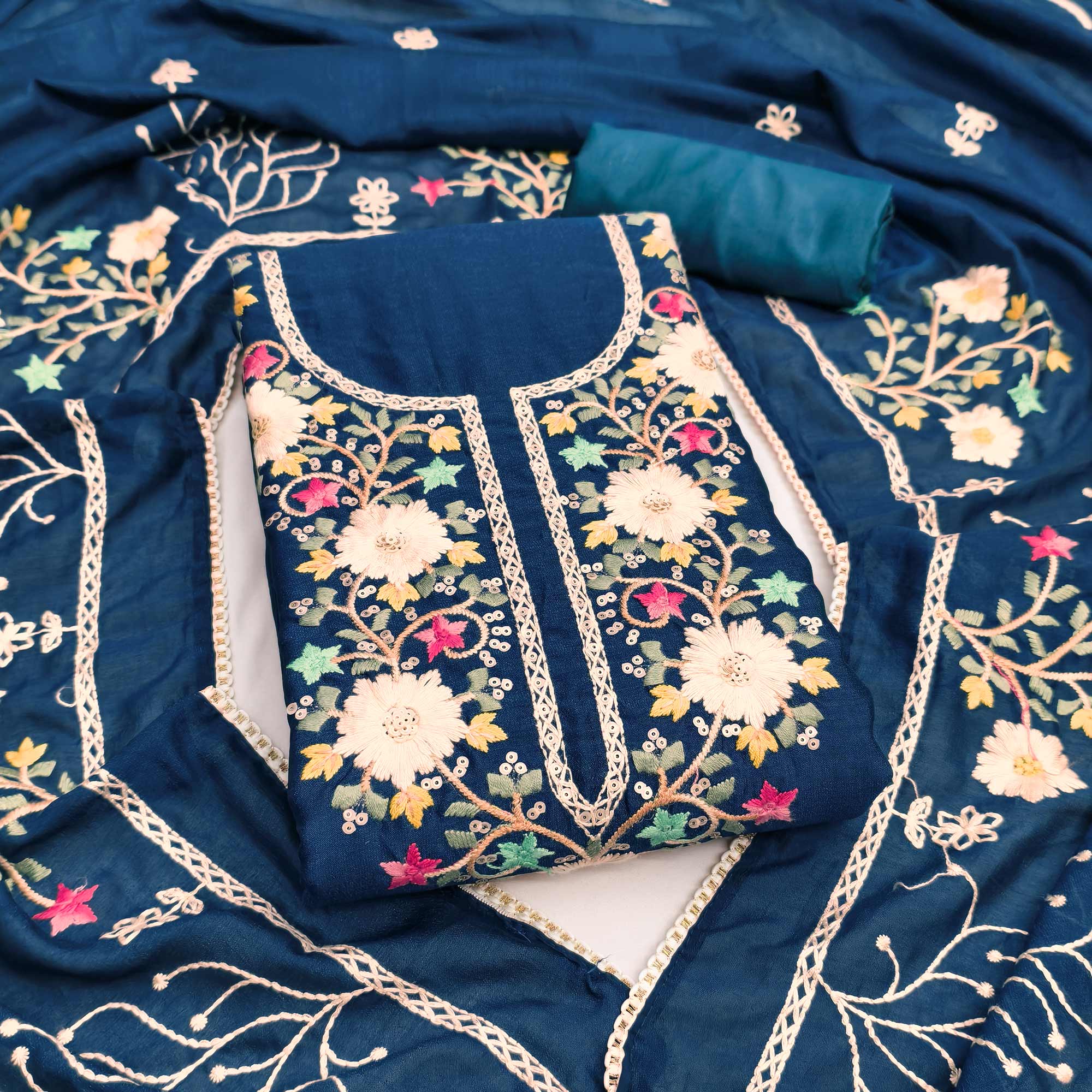 Stylish Morpich Blue Floral Thread & Sequins Detailed Embroidery Vichitra Silk Dress Material