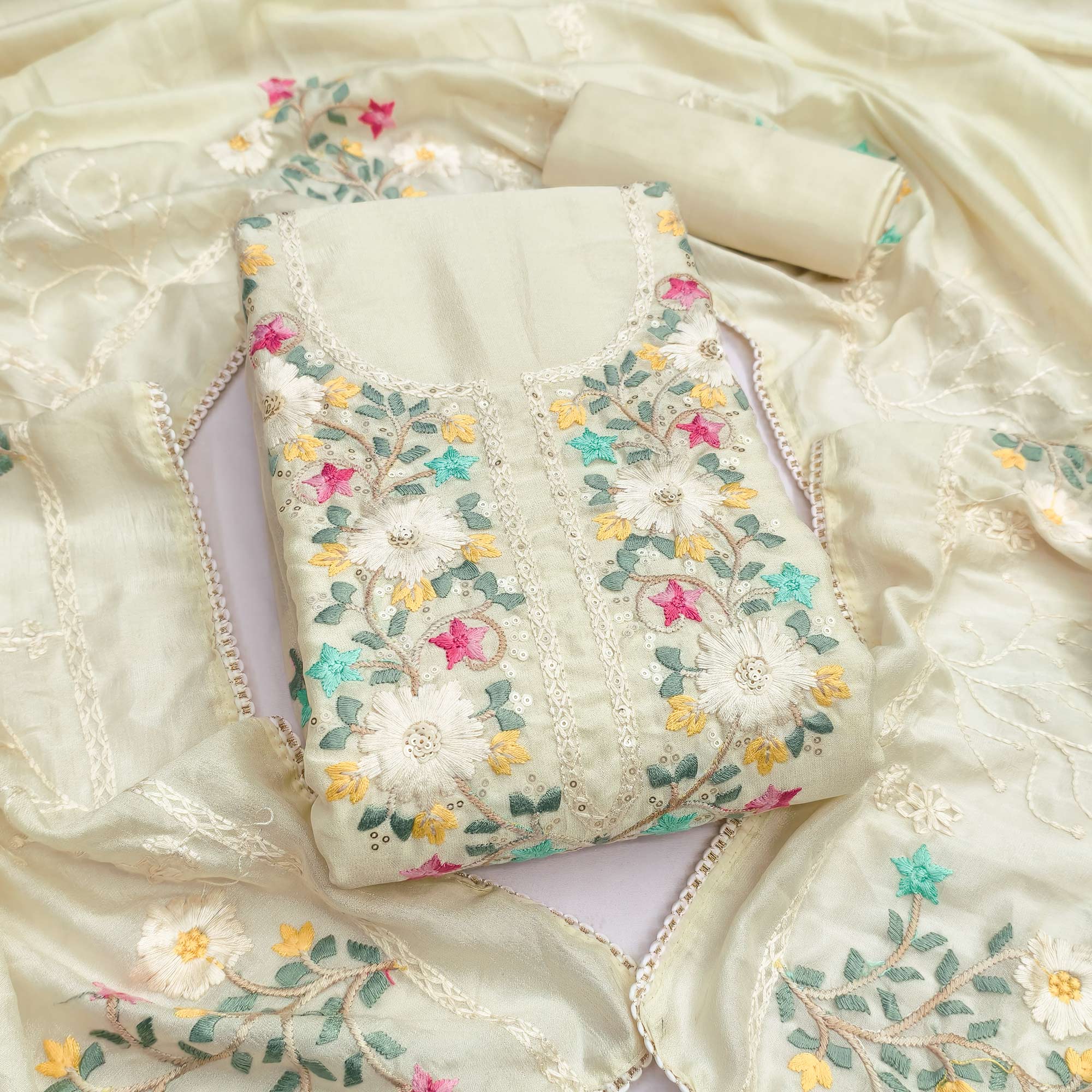 Stylish Offwhite Floral Thread & Sequins Detailed Embroidery Vichitra Silk Dress Material