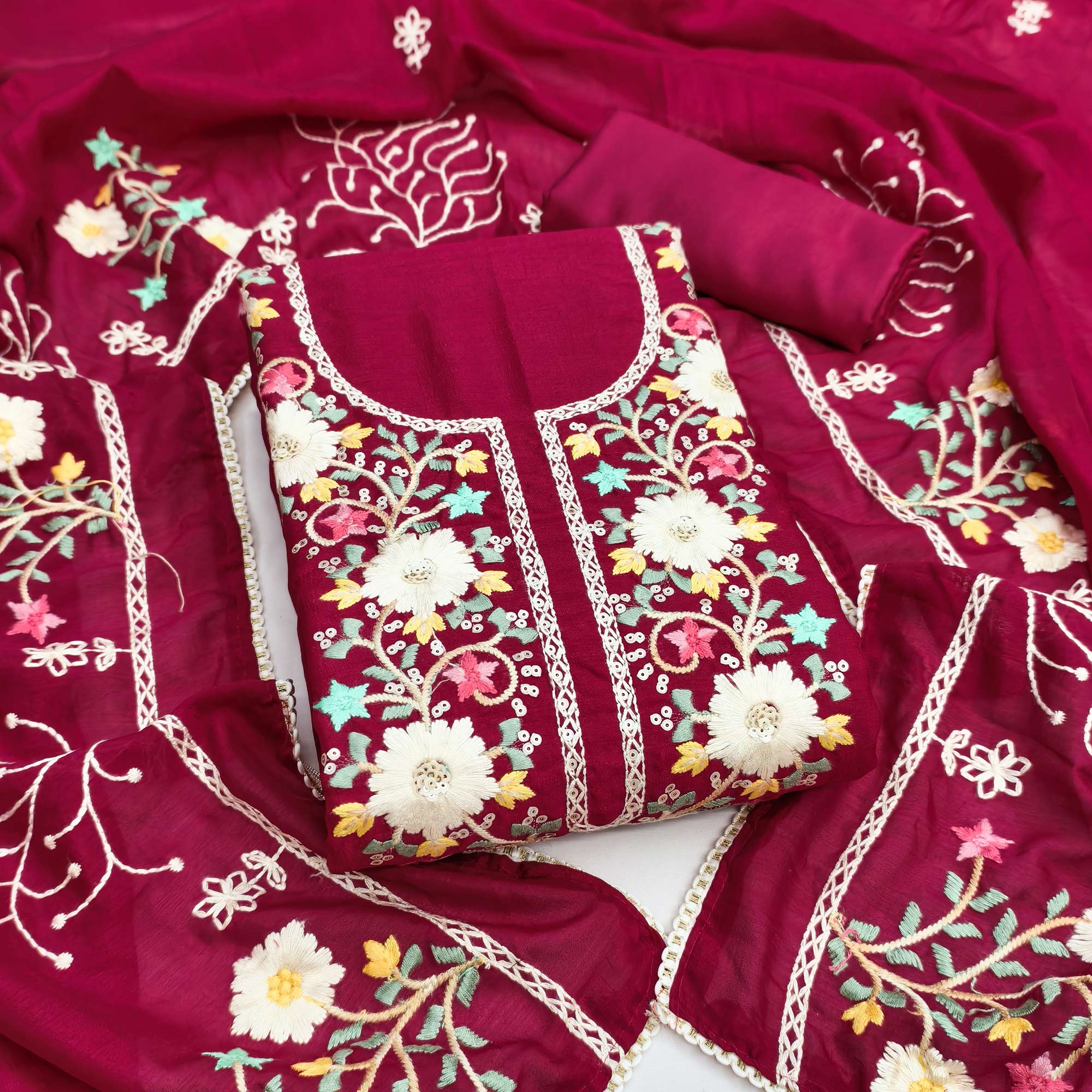 Stylish Rani Pink Floral Thread & Sequins Detailed Embroidery Vichitra Silk Dress Material