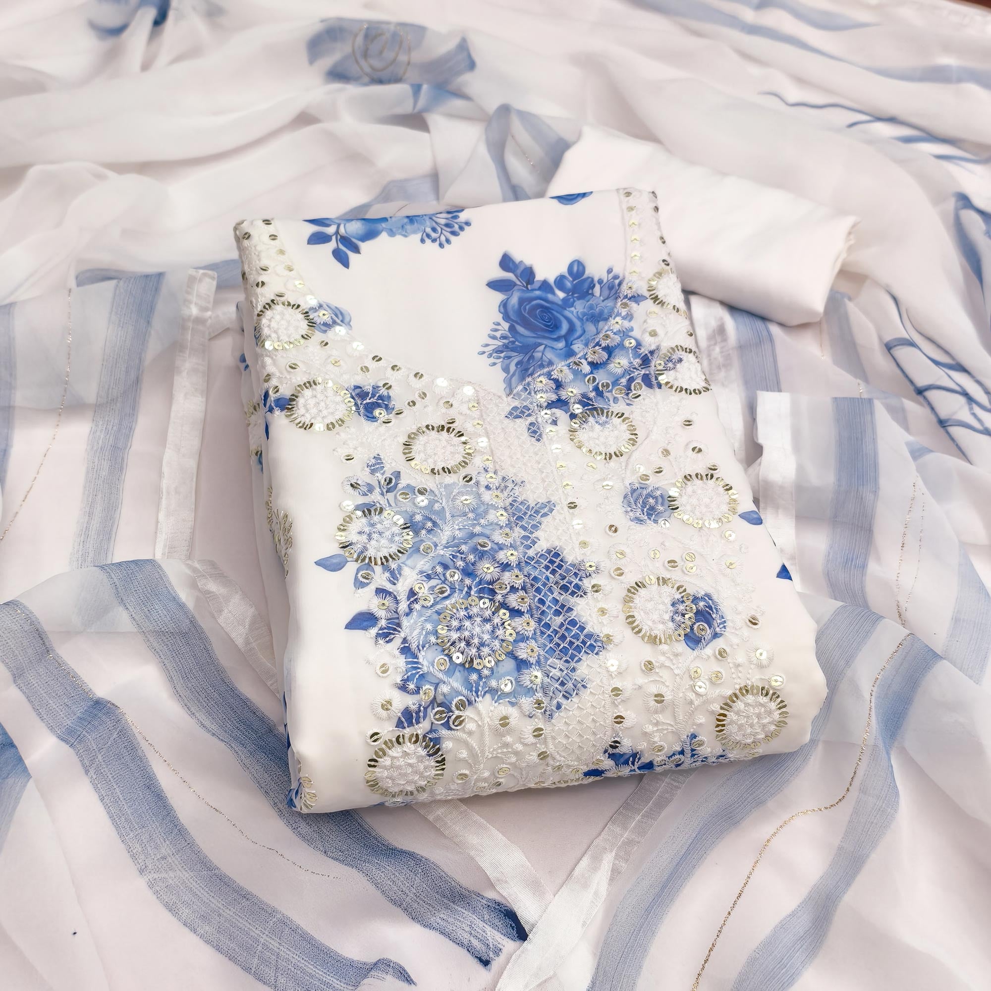 White & Blue Floral Sequins Embroidered Georgette Dress Material With Artistic Digital Prints