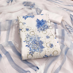 White & Blue Floral Sequins Embroidered Georgette Dress Material With Artistic Digital Prints