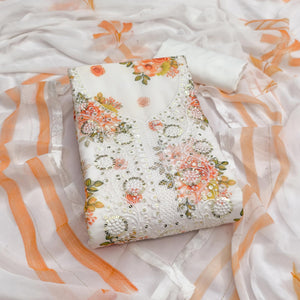 White & Orange Floral Sequins Embroidered Georgette Dress Material With Artistic Digital Prints