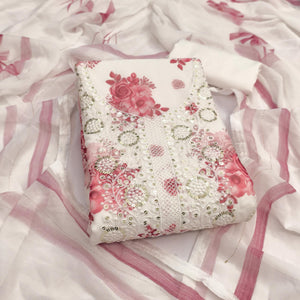 White & Peach Floral Sequins Embroidered Georgette Dress Material With Artistic Digital Prints