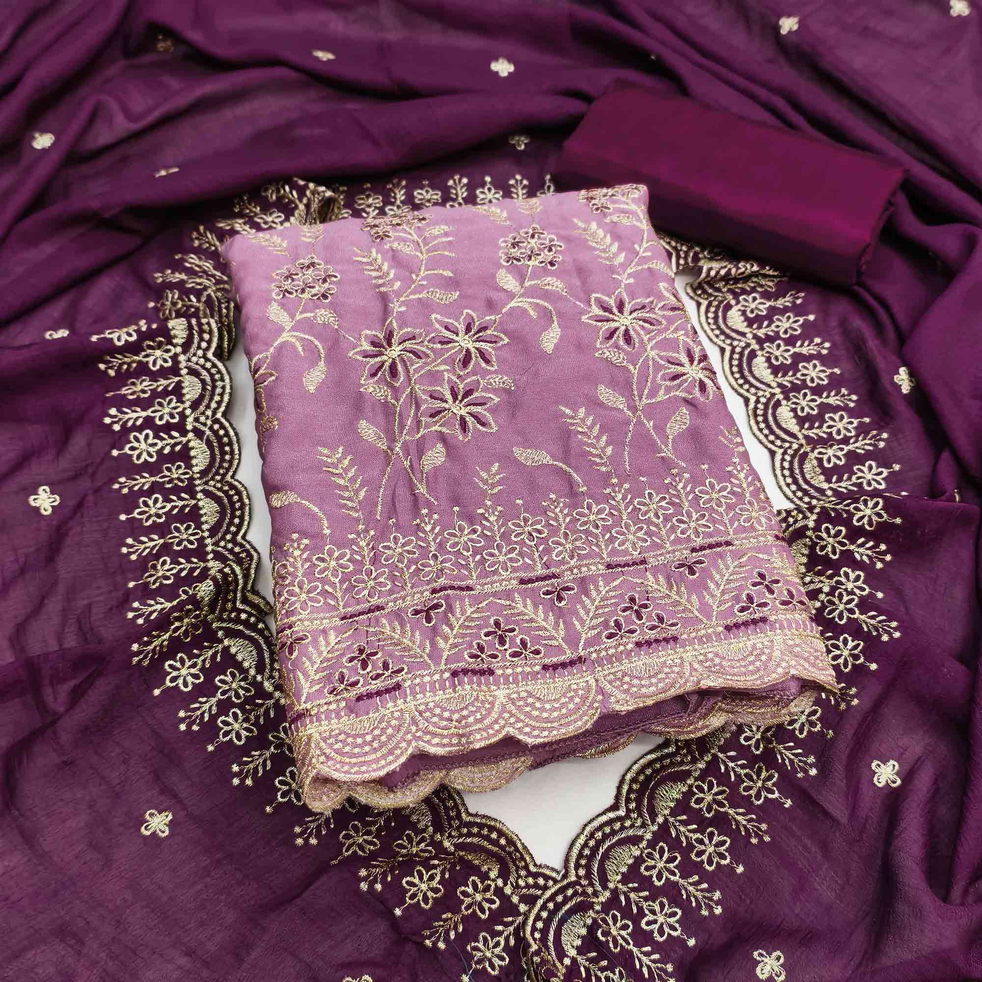 Graceful Purple Vichitra Silk Dress Material Adorned With Intricate Floral Thread Embroidery