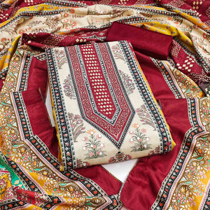 Elegant Maroon Floral Digital Printed Crepe Dress Material With Mirror Work