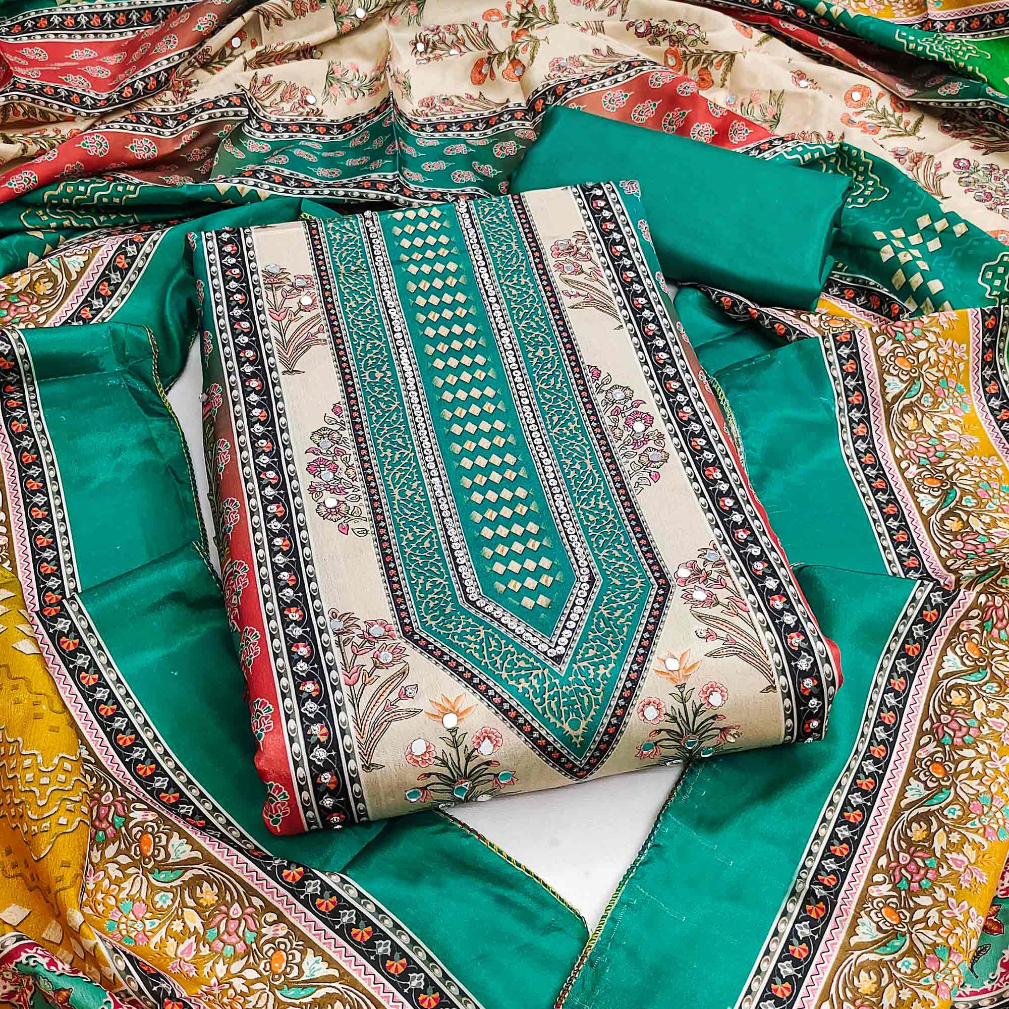 Elegant Rama Green Floral Digital Printed Crepe Dress Material With Mirror Work