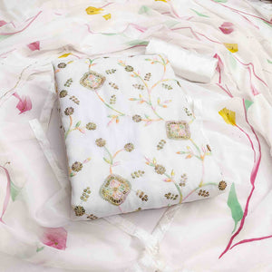 Premium White Floral Embroidery Georgette Dress Material Accented With Sequins Work