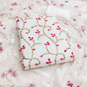 Classic White Georgette Dress Material With Floral Embroidery & Shimmering Sequins Work