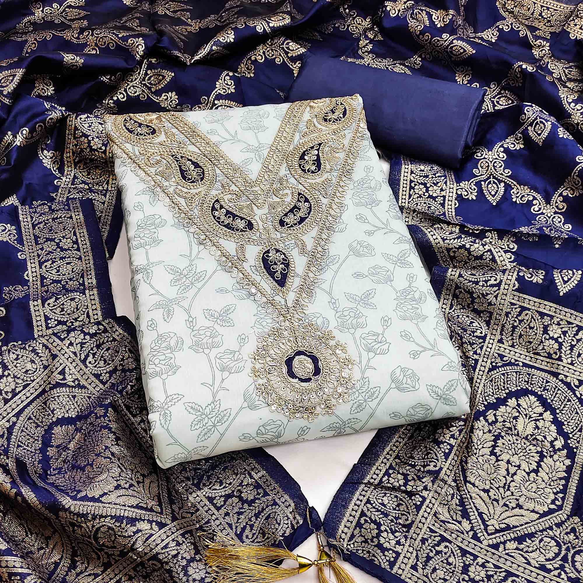 Classic Grey Floral Printed Chanderi Silk Dress Material With Intricate Cording Embroidery