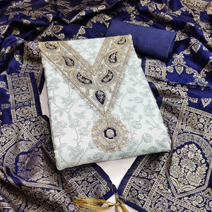 Classic Grey Floral Printed Chanderi Silk Dress Material With Intricate Cording Embroidery