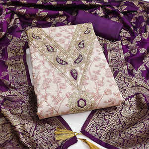 Classic Onion Pink Floral Printed Chanderi Silk Dress Material With Intricate Cording Embroidery