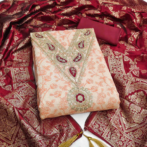 Classic Peach Floral Printed Chanderi Silk Dress Material With Intricate Cording Embroidery