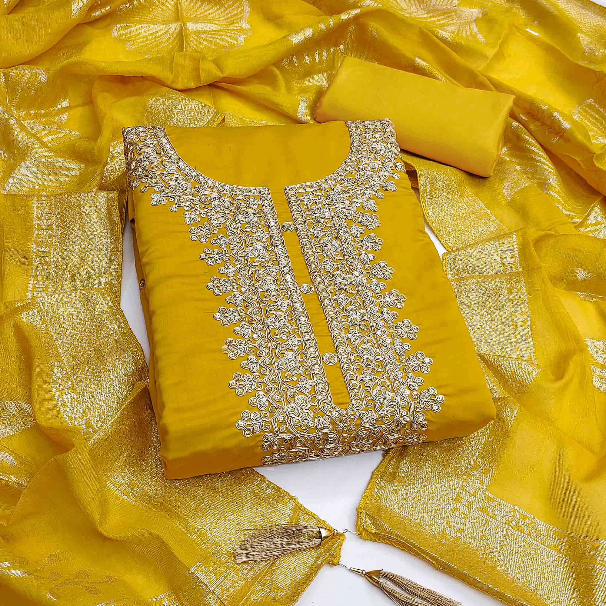 Vibrant Mustard Floral Cording Embroidery Silk Blend Dress Material Adorned With Sequins Work