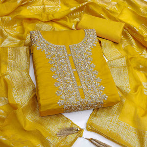 Vibrant Mustard Floral Cording Embroidery Silk Blend Dress Material Adorned With Sequins Work