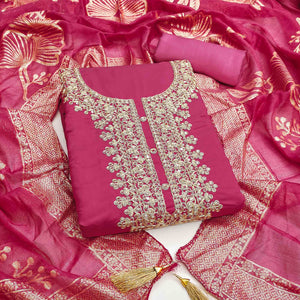 Vibrant Rani Pink Floral Cording Embroidery Silk Blend Dress Material Adorned With Sequins Work