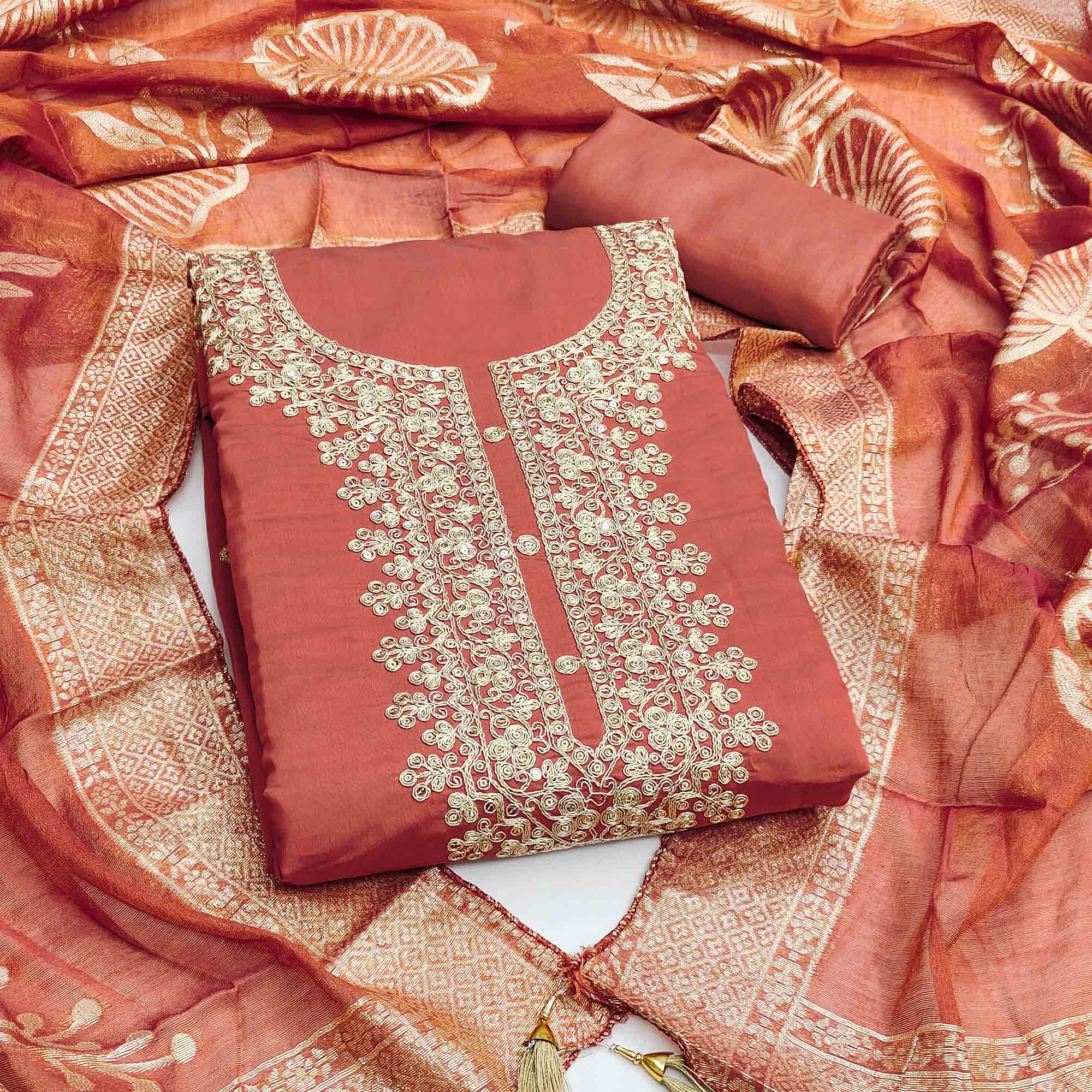 Vibrant Rust Floral Cording Embroidery Silk Blend Dress Material Adorned With Sequins Work