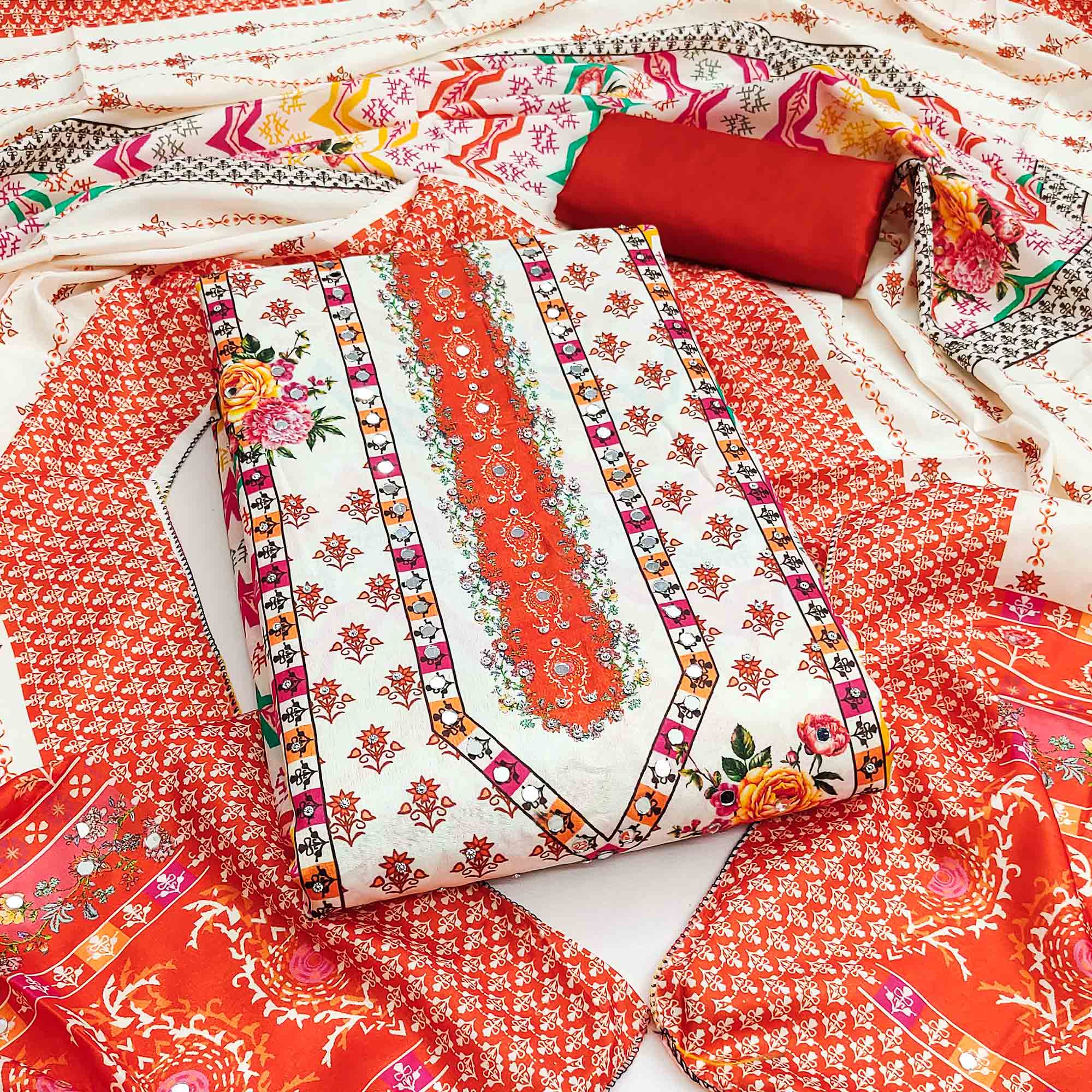 Orange Crepe Dress Material With Vibrant Floral Digital Print & Mirror Embellishment