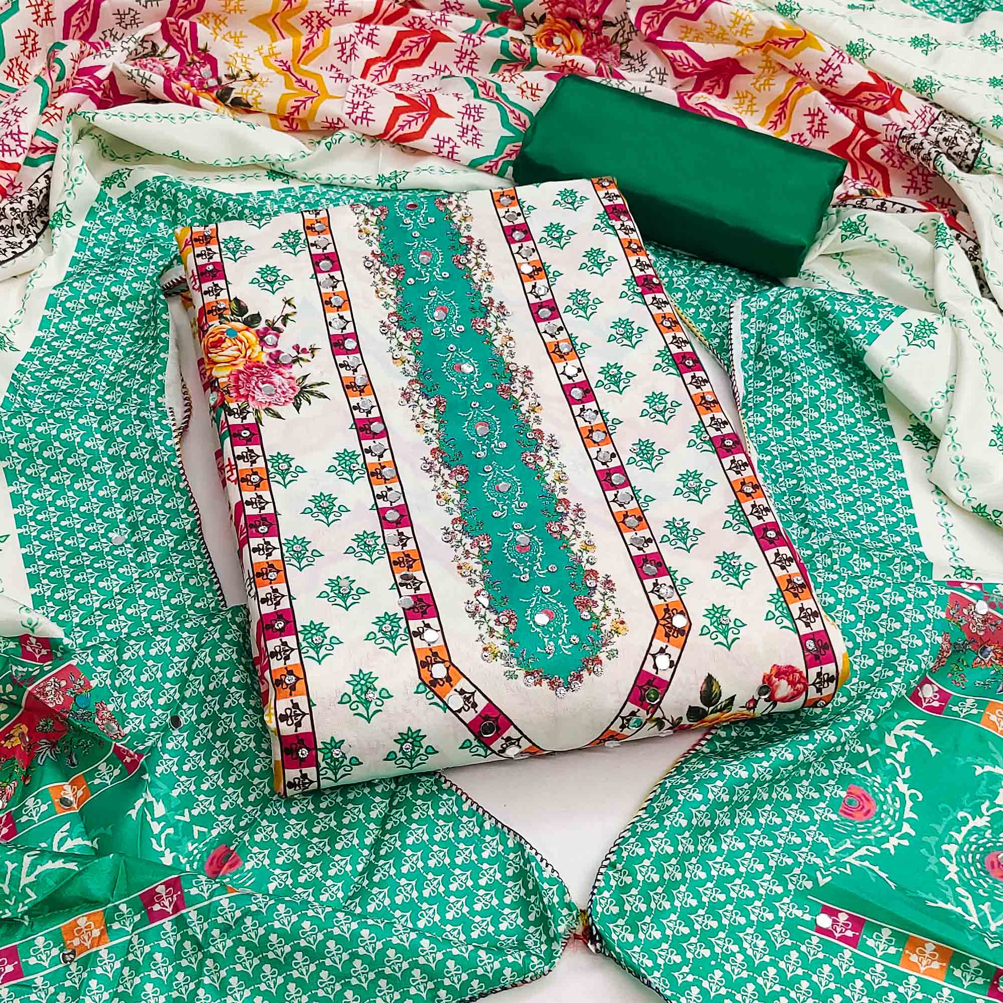 Turquoise Crepe Dress Material With Vibrant Floral Digital Print & Mirror Embellishment