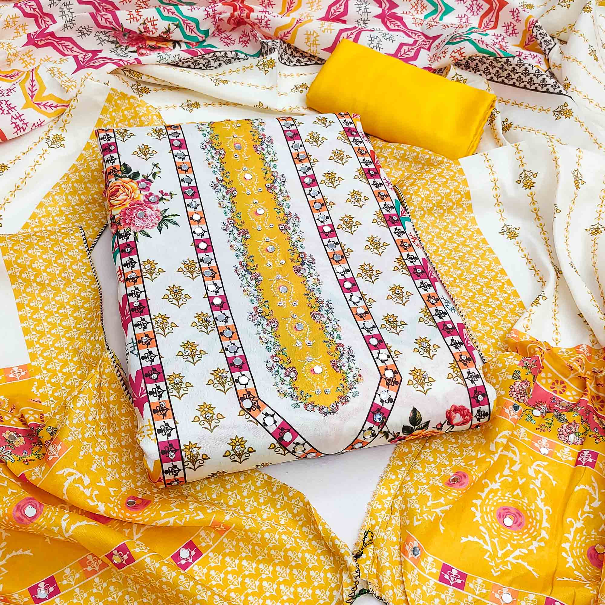 Yellow Crepe Dress Material With Vibrant Floral Digital Print & Mirror Embellishment