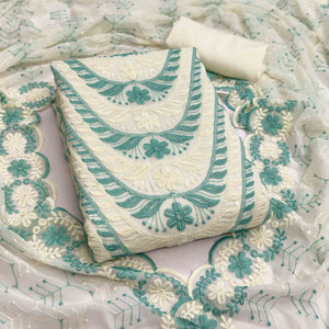 Cream & Rama Green Heavy Embroidered Georgette Dress MaterialEnhanced with Floral Resham Dupatta