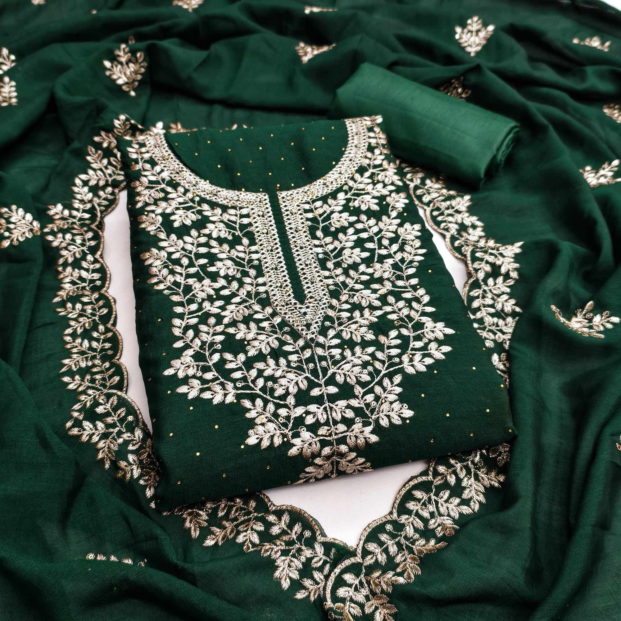 Green Floral Motif Vichitra Silk Dress Material Featuring Sequins Embroidery & Swarovski Work