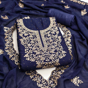 Navy Blue Floral Motif Vichitra Silk Dress Material Featuring Sequins Embroidery & Swarovski Work