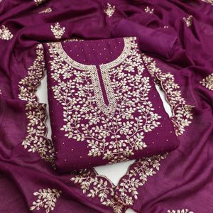 Purple Floral Motif Vichitra Silk Dress Material Featuring Sequins Embroidery & Swarovski Work