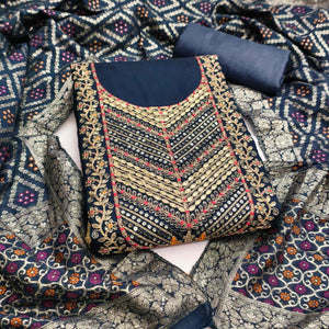 Blue Silk Blend Dress Material Adorned With Floral Cording Embroidery & Elegant Sequins Work