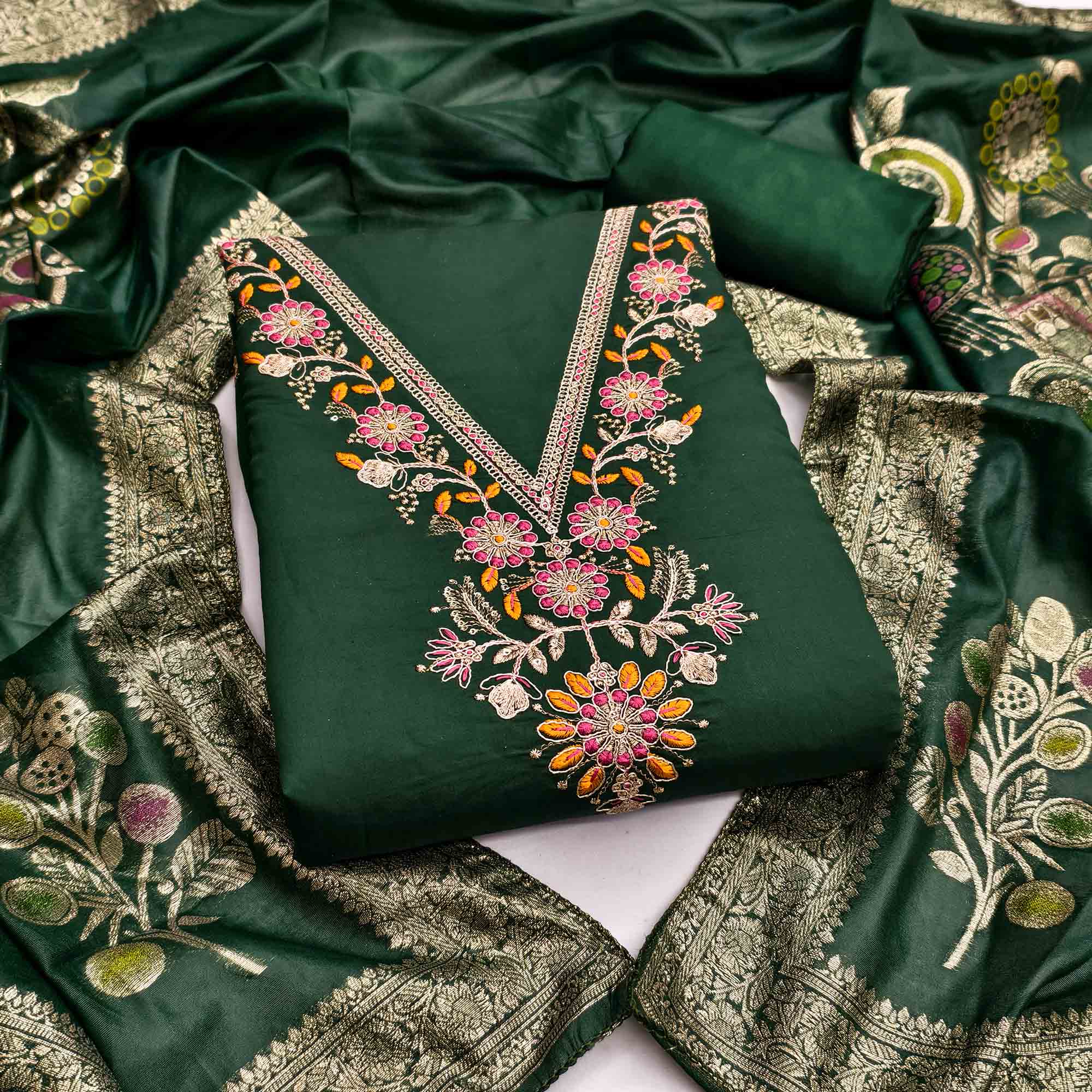 Exclusive Bottle Green Floral Cording Embroidered Silk Blend Dress Material With Luxe Sequins Work