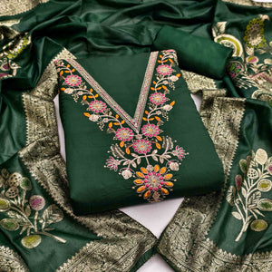 Exclusive Bottle Green Floral Cording Embroidered Silk Blend Dress Material With Luxe Sequins Work