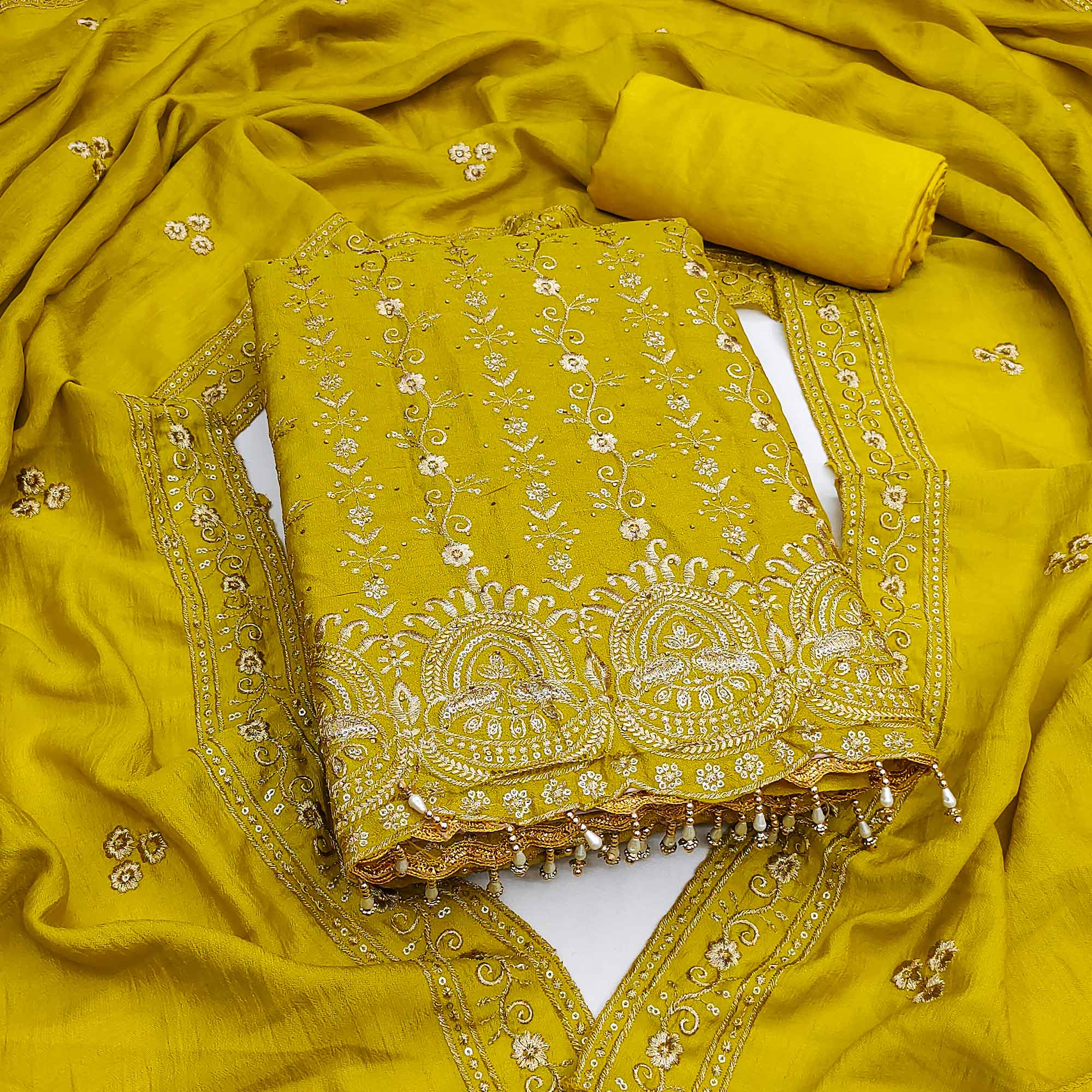 Lemon Yellow Floral Vichitra Silk Dress Material Adorned With Floral Embroidery & Swarovski Work